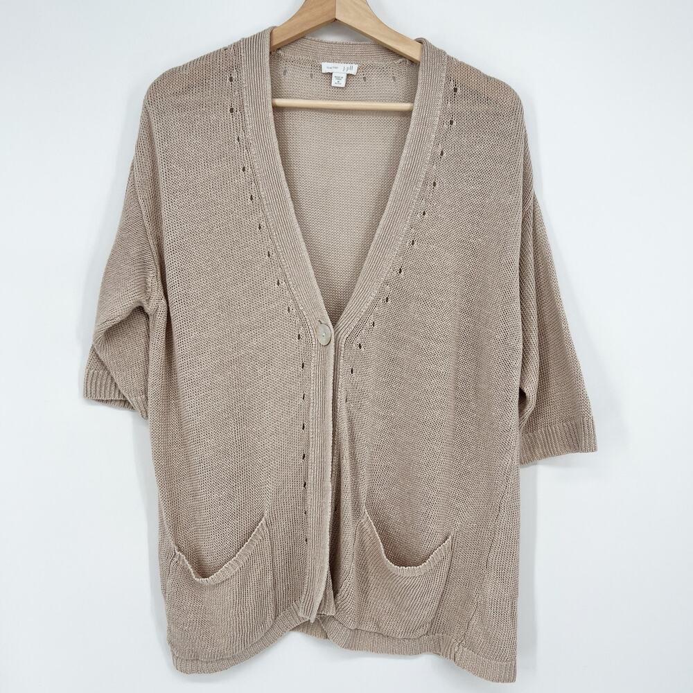 J. Jill Love 100% Linen Cardigan Medium Petite Beige One Button Knit Sweater Tan